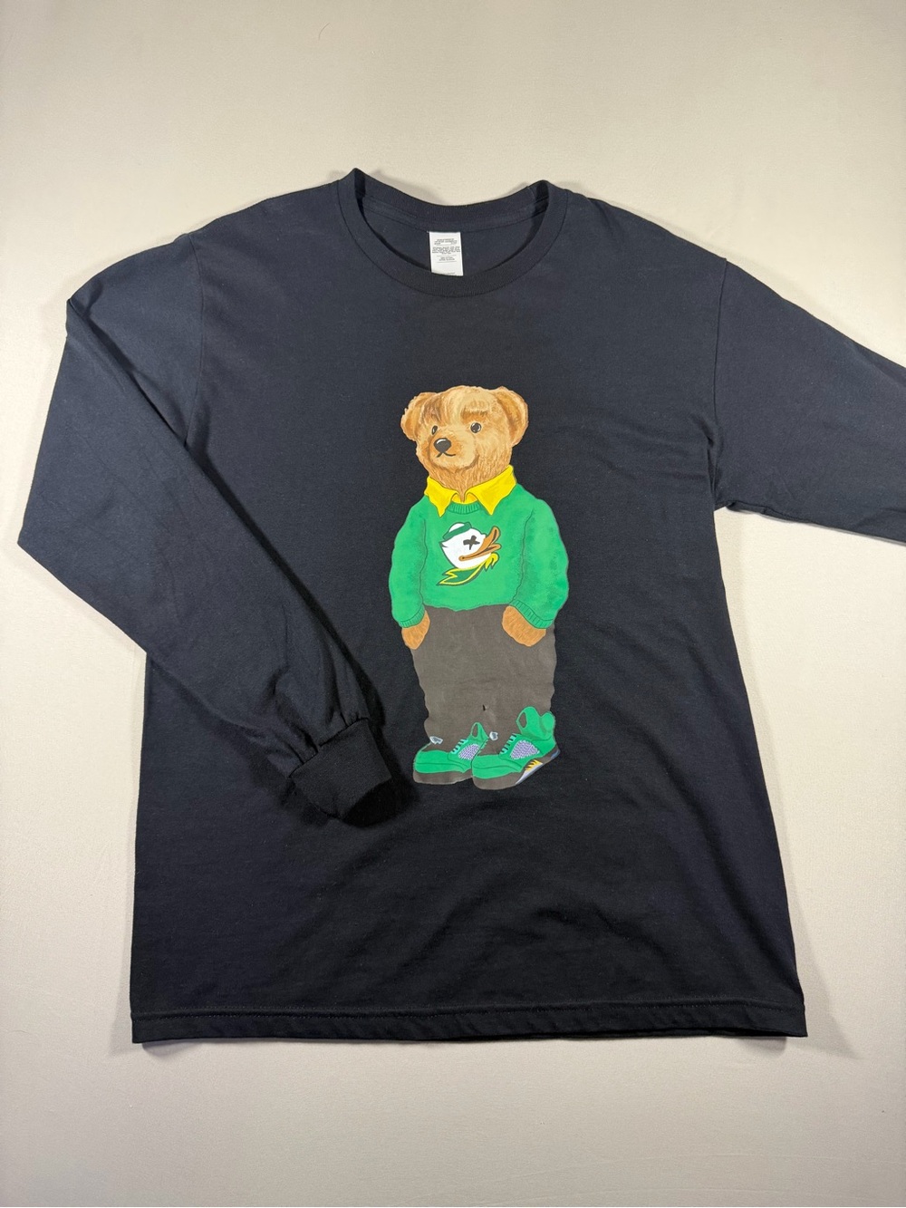 Black Long-Sleeve Tee with Oregon Ducks Bear Graphic
